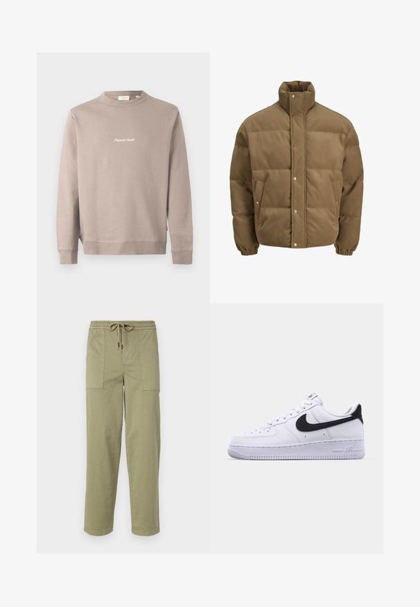 Brown corduroy puffer jacket with high collar, snap buttons, elastic cuffs, and side pockets, displayed on a white background.; Beige sweatshirt with long sleeves and a round neckline. Features "Original Studio" embroidered in white on the chest. Smooth texture, ribbed cuffs.; Light olive green pants made of cotton blend fabric, featuring an elastic waistband with drawstring, and two large side pockets.; White leather sneaker with a textured black Swoosh, flat laces, and a rubber sole featuring a ridged pattern. "AIR" is embossed on the heel.