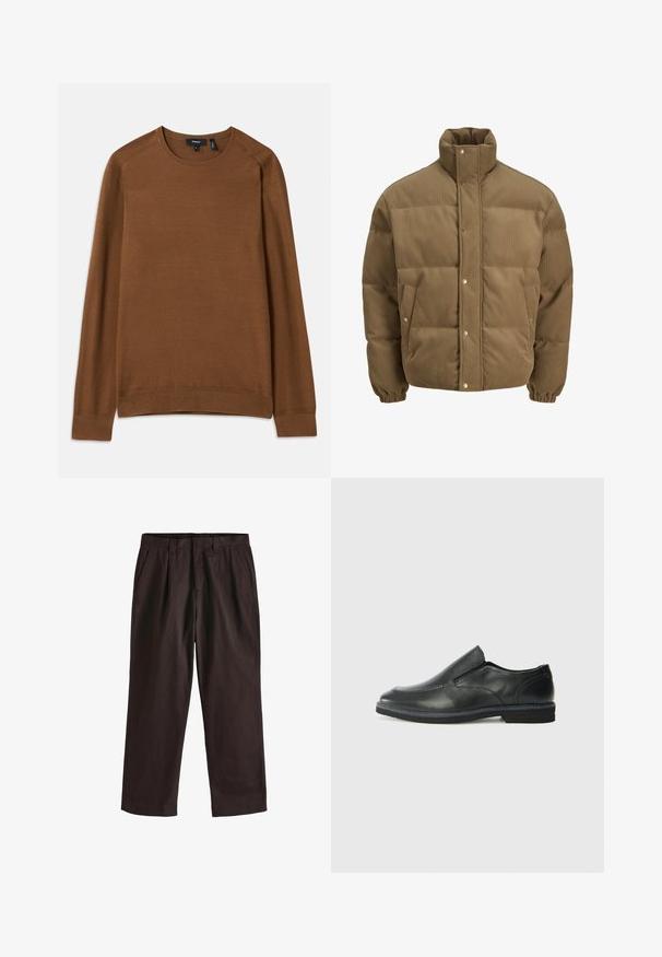 Bruine ribfluwelen pufferjack met hoge kraag, drukknoopsluiting, elastische manchetten en zijzakken, weergegeven op een witte achtergrond.; Bruine gebreide trui met een ronde hals, lange raglanmouwen en een textuurpatroon. Heeft ribgebreide boorden en een zoom voor een aansluitende look.; Next EDIT - REGULAR FIT - Broek - brown; Zwarte leren instapper met een soepele bovenkant, gestikte accenten, ronde neus en een lage rubberen hak. De zool heeft minimale profiel.