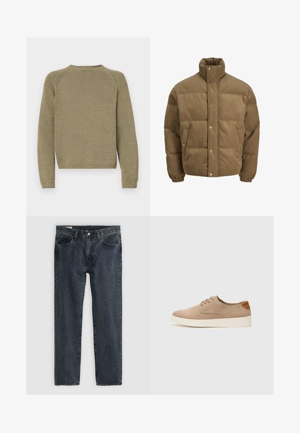 Braune Cord-Puffjacke mit hohem Kragen, Druckknöpfen, elastischen Bündchen und Seitentaschen, auf einem weißen Hintergrund präsentiert.; Olivgrüner Pullover mit strukturiertem Strickdesign, Raglanärmeln und rundem Ausschnitt. Der Saum und die Bündchen sind gerippt.; Dunkelblaue Jeans aus Denim mit geradem Bein, fünf Taschen und einem Knopfverschluss. Der Stoff weist eine subtile Ausbleichung und Textur auf.; Beige Wildleder-Sneaker mit runder Zehenpartie, Schnürung und strukturiertem Rückenteil. Die weiße Gummisohle sorgt für einen Kontrast. Einfaches und modernes Design.