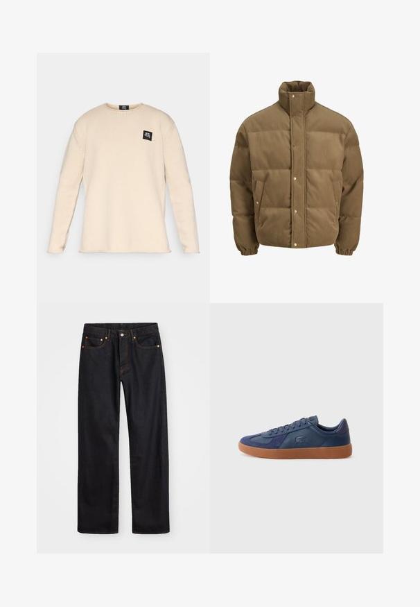 Rudos spalvos švarkas su raišteliu, turintis aukštą apykaklę, užsegamus mygtukais, elastines rankoves ir šonines kišenes, eksponuojamas ant balto fono.; Šviesiai rudos spalvos ilgomis rankovėmis megztinis su apvaliu iškirpimu ir mažuoju juodu logotipo pleistru kairėje krūtinės pusėje.; Vyrų tiesaus kirpimo juodi džinsai iš denim medžiagos, su penkiomis kišenėmis ir oranžinėmis siūlėmis, su mygtuko ir užtrauktuko uždarymu ant priekio.; Tamsiai mėlyni sportiniai bateliai su odos ir velveto medžiagomis, guminėmis padangomis, apvaliu pirštu ir raištelių uždarymu, su prekės ženklu ant šono.