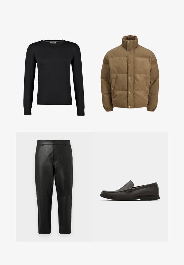 Smeđi puffer jakna od kordura s visokim ovratnikom, dugmadi na preklop, elastičnim manžetama i bočnim džepovima, prikazana na bijeloj pozadini.; Crni pleteni pulover s dugim rukavima, okruglim izrezom i rebrastim manžetama i donjim rubom. Gladak materijal i uski kroj.; Crne kožne hlače ravnog kroja s petljama za remen i bočnim džepovima, prikazane na jednostavnoj svijetloj pozadini.; Tamno smeđi kožni mokasini s okruglim vrhom, suptilnim detaljima šivanja i niskim gumenim potplatom. Glatka tekstura uz fleksibilno pristajanje.