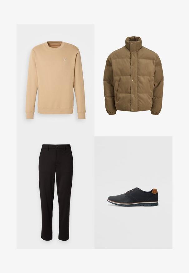 Giacca puffer in corduroy marrone con colletto alto, bottoni a pressione, polsini elasticizzati e tasche laterali, esposta su uno sfondo bianco.; Felpa beige realizzata in tessuto morbido, con collo rotondo, maniche lunghe, polsini a costine e un ricamo del logo minimalista sul petto.; Pantaloni neri in tessuto leggero, con gamba dritta, chiusura frontale con bottone, passanti per cintura e tasche laterali.; Scarpe sintetiche nere con tomaia testurizzata, dettagli lisci, tacco marrone e suola a contrasto. Presentano una lacerazione minimale e dettagli di cucitura.
