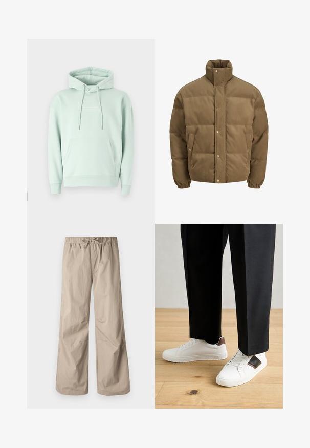 Brūns korduroja pufersjakas ar augstu apkakli, spiedpogu aizdari, elastīgām aprocēm un sānu kabatām, izstādīta uz baltā fona.; Mišrainās kokvilnas hoodie mentā zaļā krāsā. Iekļauj kangaru kabatu, regulējamu šņorīti kapucē un ribotās piedurknes ar logo uz krūtīm.; Bežīgas platās bikses ar elastīgu jostu un saiti. Gluda tekstūra, divas sānu kabatas un minimāli šuvi brīvai piegriezumam.; Baltā pārsoļa apavi ar gludu tekstūru, papildināti ar brūniem ādas akcentiem un melniem elementiem, savienoti ar melnām pielāgotām biksēm. Koka grīdas fons.