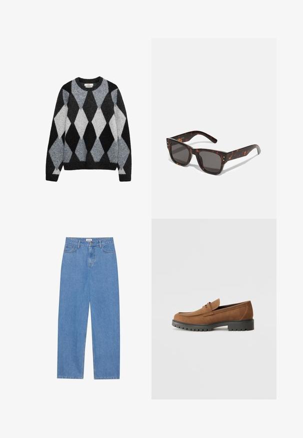 Bruine ribfluwelen pufferjack met hoge kraag, drukknoopsluiting, elastische manchetten en zijzakken, weergegeven op een witte achtergrond.; Ronde hals wollen trui met zwart, grijs en wit ruitpatroon en lange mouwen.; Lichtblauwe denim jeans met een rechte pasvorm, vijf-pocket ontwerp, enkele knoopsluiting en subtiele stikseldetails op de naden.; Bruine suede instappers met een ronde neus en een lage zwarte rubberen zool, met een decoratieve band en stiksel details op het bovenwerk.; Tortoise shell zonnebril met donkere lenzen, vierkant montuur en zilveren accentstuds aan de voorkant. Gemaakt van kunststof, lichtgewicht en duurzaam.