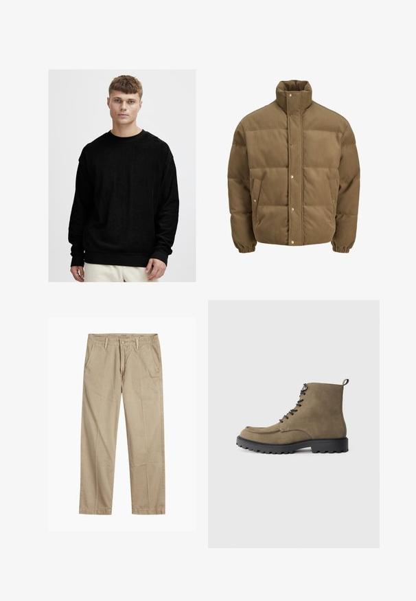 Brown corduroy puffer jacket with high collar, snap buttons, elastic cuffs, and side pockets, displayed on a white background.; Black long-sleeve sweatshirt in soft, textured fabric. Features a crew neckline and contrasting black ribbed cuffs and hem.; Beige straight-leg chinos with belt loops, front button and zipper closure, and slant front pockets.; Tan suede boot with black rubber sole, round toe, lace-up front, and contrasting stitching. Features a loop at the heel for easy wear.