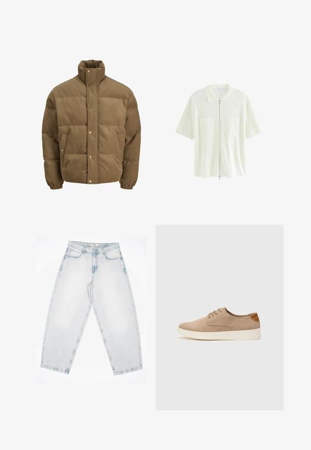 Brązowa puchowa kurtka z korduroy z wysokim kołnierzem, zatrzaskami, elastycznymi mankietami i bocznymi kieszeniami, wystawiona na białym tle.; Krótki rękaw, biała koszula na zamek, wykonana z teksturowanej tkaniny, z wykończeniem kołnierzyka i dwiema przednimi kieszeniami z kwadratowymi klapami.; Jasnoniebieskie dżinsy o luźnym, workowatym kroju. Posiadają pięć kieszeni, zapięcie na guzik i haftowane wykończenia. Zblakła tekstura i proste nogawki.; Beżowe zamszowe sneakersy z okrągłym noskiem, sznurowanym przodem i teksturowanym akcentem na tyle. Biała gumowa podeszwa tworzy kontrast. Prosty i nowoczesny design.