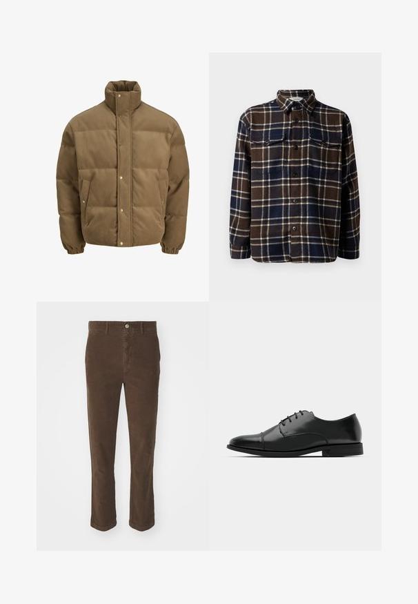 Hnedý kordurovkový bomber s vysokým golierom, sponami, elastickými manžetami a postrannými vreckami, vystavený na bielom pozadí.; Hnedá a námornícka károvaná flanelová košela s gombíkovým zapínaním vpredu, dvoma náprsnými vreckami a klasickým golierom. Mäkka textúra a stredná hmotnosť.; Hnedé kordurové nohavice rovného strihu, so zapínaním na prednom gombíku, dvoma prednými vreckami a jemnou textúrou.; Čierne kožené spoločenské topánky s okrúhlou špičkou, šnurovací dizajn, jemné prešívanie a nízky podpätok. Hladká štruktúra s lesklým povrchom.