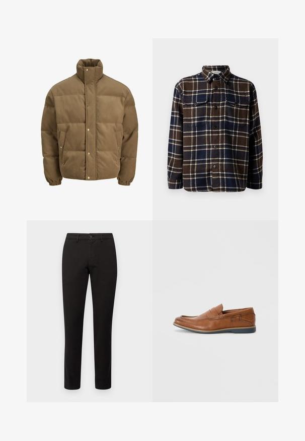 Brun kordfløyels pufferjakke med høy krage, trykknapper, elastiske mansjetter og sidelommer, vist på en hvit bakgrunn.; Brun og marineblå rutete flanellskjorte med knapper foran, to brystlommer og klassisk krage. Myk tekstur og middels vekt.; Sorte chinos med slim fit, laget av en bomullsblanding. Har en front knappelukking og fem lommer. Glatt tekstur, minimal detaljer.; Brune skinnloafers med rund tå, broderte detaljer og såle i gummi. Designet har et bånd over vristen.