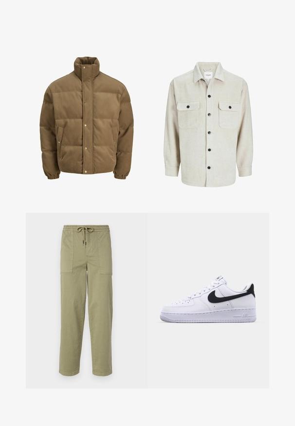 Jachetă puffer din catifea călduță, de culoare maro, cu guler înalt, nasturi cu capse, manșete elastice și buzunare laterale, expusă pe un fundal alb.; Cămașă din flanel bej cu guler, având două buzunare pe piept, nasturi negri și mâneci lungi cu manșete cu nasturi.; Pantaloni de culoare verde măslin deschis, confecționați dintr-un amestec de bumbac, cu un tiv elastic și șnur, și două buzunare laterale mari.; Adidași din piele albă cu un Swoosh negru texturat, șireturi plate și o talpă din cauciuc cu un model zimțat. "AIR" este embosat pe călcâi.
