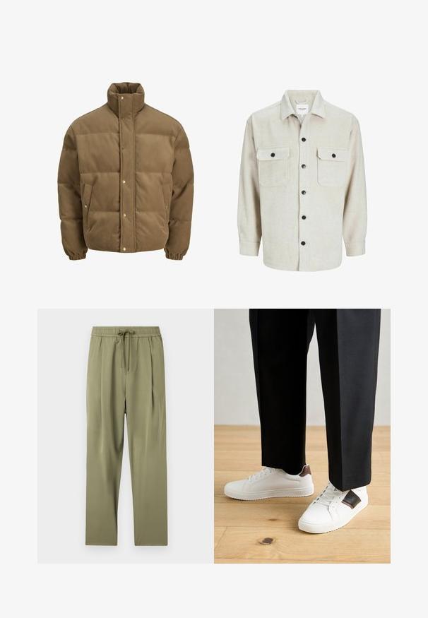 Braune Cord-Puffjacke mit hohem Kragen, Druckknöpfen, elastischen Bündchen und Seitentaschen, auf einem weißen Hintergrund präsentiert.; Beige Flanellhemd mit Kragen, das über zwei Brusttaschen, schwarzen Knöpfen und langen Ärmeln mit geknöpften Manschetten verfügt.; Olivgrüne Hose mit elastischem Bund und Kordelzug. Sie verfügt über eine glatte Textur und ein plissiertes Design für eine entspannte Passform.; Weiße Sneakers mit glatter Textur, versehen mit braunen Lederakzenten und schwarzen Details, kombiniert mit schwarzen maßgeschneiderten Hosen. Hintergrund aus Holzboden.