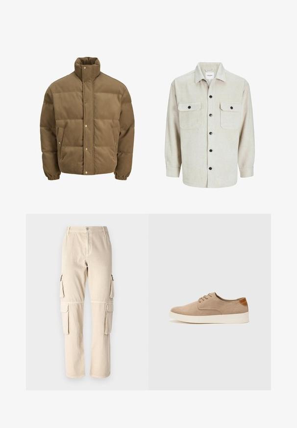 Pruunist kootud puffer-jope kõrge kraega, nööbid, elastsed mansetid ja küljetaskud, esitatud valgel taustal.; Beež flanellist särk, millel on krae, kahe rinnatasku ja mustade nööpidega, pikaaeline varrukad nööpidega cuffs.; Beežid cargo püksid, mis on valmistatud puuvillast. Omavad küljetaskuid, sirget säärepikkust ning nööpkinnistust vöökoha juures. Lihtsad õmblusdetailid.; Beežid nahast tossud ümarate varvastega, paeltega esiosa ja tekstuuriga tagakontuuriga. Valge kummist tallapakkumine loob kontrasti. Lihtne ja kaasaegne disain.