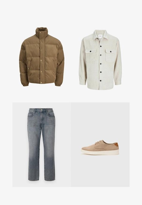 Rudos spalvos švarkas su raišteliu, turintis aukštą apykaklę, užsegamus mygtukais, elastines rankoves ir šonines kišenes, eksponuojamas ant balto fono.; Bežinė flanelinė marškinė su apykakle, turinčiais dvi krūtinės kišenes, juodais mygtukais ir ilgomis rankovėmis su mygtukais.; Pilki džinsai su tiesia kojos išpjova, penkių kišenių dizainas ir mygtuko bei užtrauktuko užsegimas. Šiek tiek išblukusi apdaila su matomomis siūlėmis.; Bežiniai zomšiniai sportbačiai su apvaliomis pirštų dalimis, raišteliais priekyje ir tekstūruotu užkulniu. Balta guma suteikia kontrastą. Paprastas ir modernus dizainas.