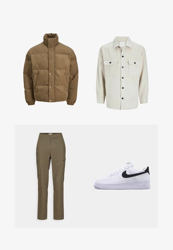 Jachetă puffer din catifea călduță, de culoare maro, cu guler înalt, nasturi cu capse, manșete elastice și buzunare laterale, expusă pe un fundal alb.; Cămașă din flanel bej cu guler, având două buzunare pe piept, nasturi negri și mâneci lungi cu manșete cu nasturi.; Pantaloni cargo de culoare verde măslin, cu croială dreaptă, având două buzunare laterale, închidere cu buton și un material texturat.; Adidași din piele albă cu un Swoosh negru texturat, șireturi plate și o talpă din cauciuc cu un model zimțat. "AIR" este embosat pe călcâi.