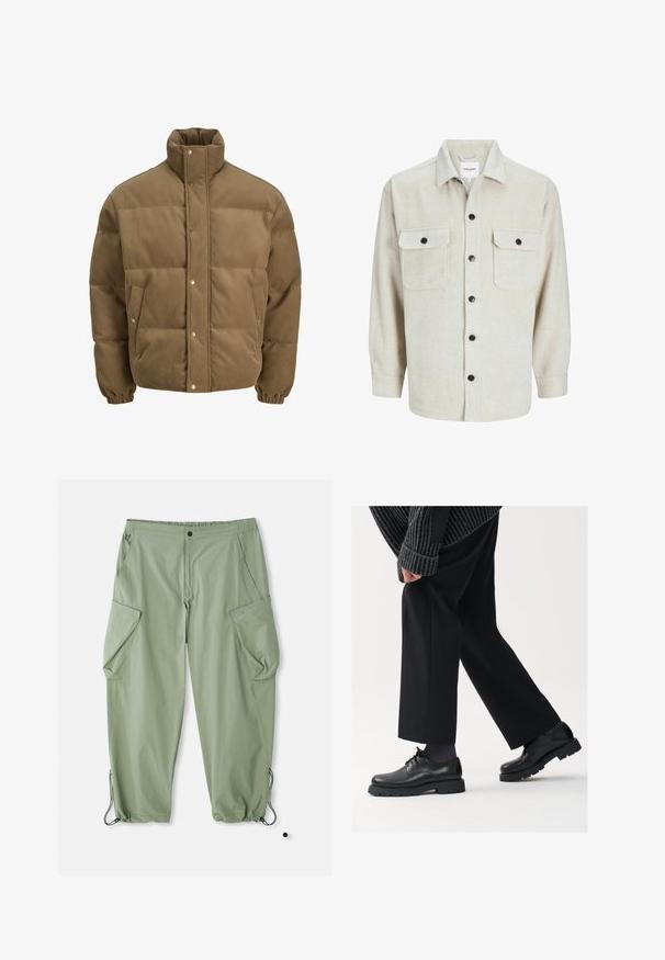 Brown corduroy puffer jacket with high collar, snap buttons, elastic cuffs, and side pockets, displayed on a white background.; Beige flannel shirt with a collared neckline, featuring two chest pockets, black buttons, and long sleeves with buttoned cuffs.; Light green cargo pants with an elastic waistband, multiple side pockets, and drawstrings at the ankles. Made of durable, textured fabric.; Black leather shoes with a rounded toe, lace-up design, and thick, textured sole. Worn with tailored black trousers and a ribbed sweater.