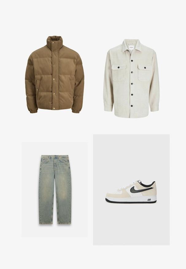 Rjav cordurojasti puhovnik z visokim ovratnikom, zaponkami na gumbe, elastičnimi manšetami in stranskimi žepi, prikazan na beli podlagi.; Bežna flanelasta srajca s ovratnikom, ki ima dve prsni žep, črne gumbe in dolge rokave z gumbi na manšetah.; Svijetloplave traperice s blagim izblijedjelim finishem, ravnog kroja, pet džepova i metalnim dodacima na struku.; Tenisice z svetlo bež semenom in belim usnjem, črnim Nike znak, črnimi detajli in belim gumijastim podplatom z oznako "AIR".