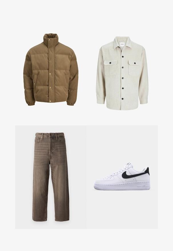 Brown corduroy puffer jacket with high collar, snap buttons, elastic cuffs, and side pockets, displayed on a white background.; Beige flannel shirt with a collared neckline, featuring two chest pockets, black buttons, and long sleeves with buttoned cuffs.; Brown wide-leg jeans made from denim. Features a zip fly, belt loops, and five pockets. The fabric shows a faded, textured appearance.; White leather sneaker with a textured black Swoosh, flat laces, and a rubber sole featuring a ridged pattern. "AIR" is embossed on the heel.