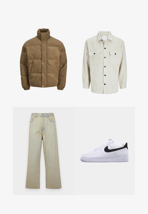 Brūns korduroja pufersjakas ar augstu apkakli, spiedpogu aizdari, elastīgām aprocēm un sānu kabatām, izstādīta uz baltā fona.; Bēža flaneļa krekls ar apkakles dekoltē, ar divām krūšu kabatām, melniem pogām un garām piedurknēm ar pogu aprocēm.; Gai zili platās kājas džinsi, izgatavoti no denim ar izbalējušu apdari. Iekļauj piecas kabatas un priekšējo pogu aizdari.; Balti ādas kedas ar strukturētu melnu Swoosh, plakaniem šņorēm un gumijas zoli ar rievotu rakstu. Uz papēža ir iepresēts vārds "AIR".