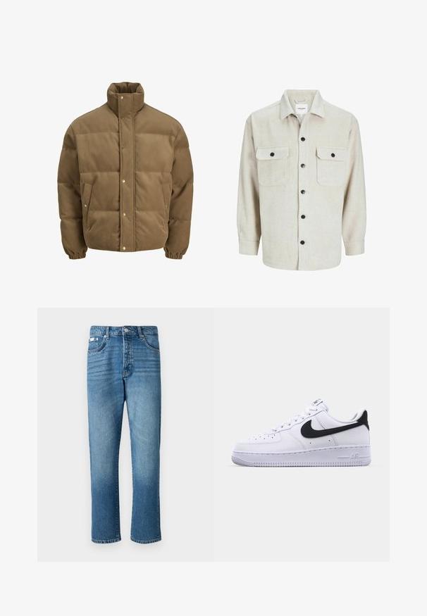 Brown corduroy puffer jacket with high collar, snap buttons, elastic cuffs, and side pockets, displayed on a white background.; Beige flannel shirt with a collared neckline, featuring two chest pockets, black buttons, and long sleeves with buttoned cuffs.; Light blue denim jeans with a straight leg cut, featuring a button closure, five pockets, and subtle fading on the thighs and hem.; White leather sneaker with a textured black Swoosh, flat laces, and a rubber sole featuring a ridged pattern. "AIR" is embossed on the heel.