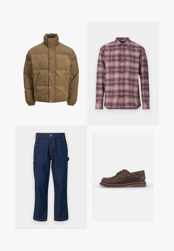 Rudos spalvos švarkas su raišteliu, turintis aukštą apykaklę, užsegamus mygtukais, elastines rankoves ir šonines kišenes, eksponuojamas ant balto fono.; Ilgos rankovės flanelinė marškiniai raudonais ir rožiniais atspalviais, su mygtukų apykakle ir juodais mygtukais, pagaminti iš minkštos medžiagos su lygiu paviršiumi.; Žalia ilgomis rankovėmis palaidinė, pagaminta iš minkštos medvilnės. Yra mažas išsiuvinėtas žuvies dizainas kairėje krūtinės pusėje. Klasikinis apvalus kaklas.; Tamsiai mėlynos džinsinės kelnės su tiesiu sijonu, su kontrastingais oranžiniais siūlais ir šoninėmis kišenėmis, užsegamos metaliniu mygtuku.; Rudos odinės jachtos bateliai su apvaliu pirštu, šešiais akių skyreliais, kontrastingomis siūlėmis ir tekstūruota gumo sola.