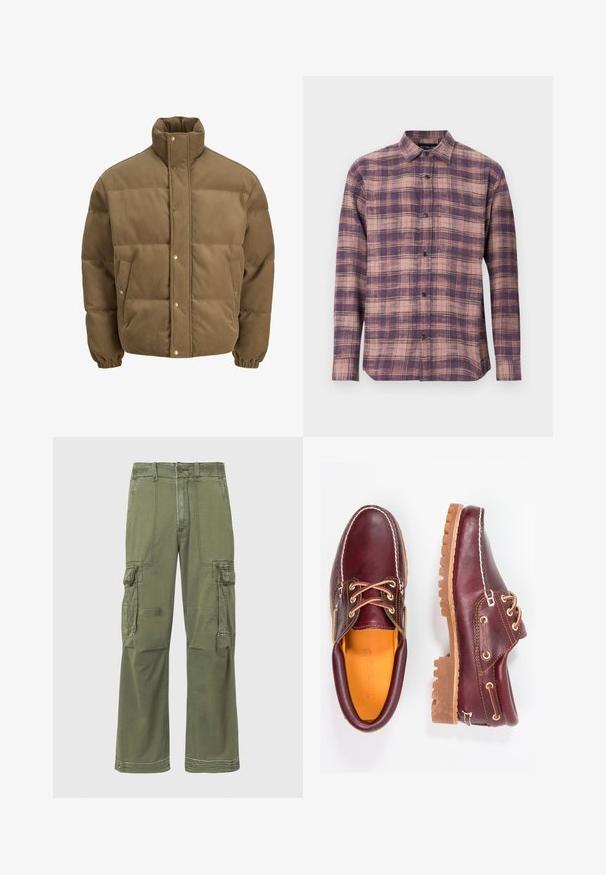 Bruine ribfluwelen pufferjack met hoge kraag, drukknoopsluiting, elastische manchetten en zijzakken, weergegeven op een witte achtergrond.; Langarm geruite shirt in paarse en roze tinten, met een kraag met knopen en zwarte knopen, gemaakt van zachte stof met een gladde textuur.; Groene lange mouwen sweatshirt van zacht katoen. Bevat een klein geborduurd vissenontwerp op de linkerborst. Klassieke ronde hals.; Olijfgroene cargobroek met een relaxte pasvorm, voorzien van meerdere zijzakken, stikseldetails en een knoopsluiting in de taille.; Bordeaux leren schoenen met bruine rubberen zolen, ronde neus, witte stiksels en gouden veterogen. Het interieur heeft een gele voering.