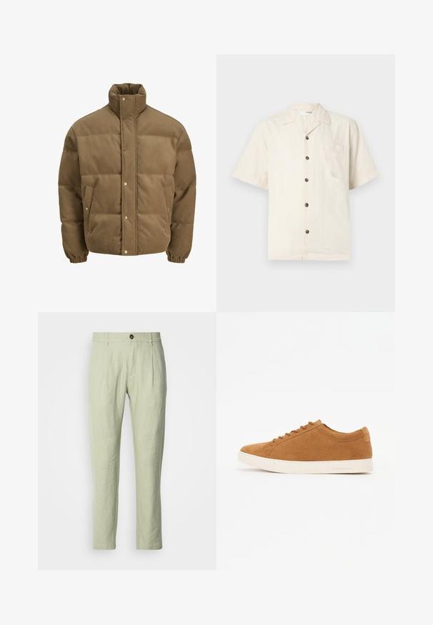 Brun corduroy pufferjakke med høj krave, trykknapper, elastiske manchetter og sidelommer, vist på en hvid baggrund.; Kortærmet skjorte i off-white, lavet af letvægtsstof, med en notched krave, frontlomme og mørkebrune knapper.; Lys grønne linnedbukser med lige pasform, der har en frontlukning med knap, to frontlommer og en glat tekstur.; Brune ruskind sneakers med et lavt design, hvid gummisål og rund tå. Har matchende snørebånd og minimal branding på hælen.