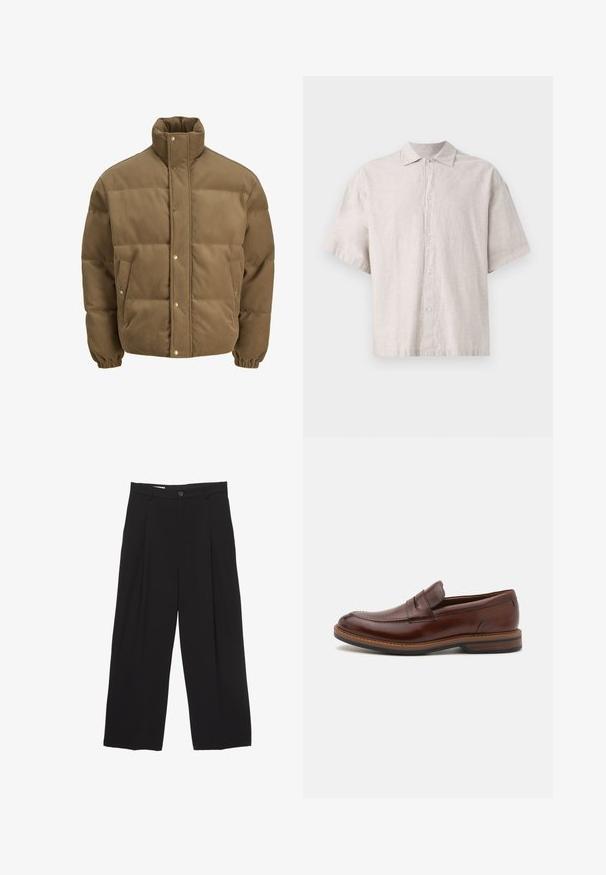 Veste matelassée en corduroy marron avec col haut, boutons pression, poignets élastiques et poches latérales, présentée sur un fond blanc.; Chemise à manches courtes gris clair en lin. Présente un devant à boutons, un col classique, et une coupe décontractée avec une texture douce.; Pantalons larges noirs en tissu lisse, avec une taille plate, des plis avant et un bouton unique.; Mocassins en cuir marron avec une finition lisse, présentant un design brodé, un style à enfiler et une semelle en caoutchouc texturée pour une traction optimale.