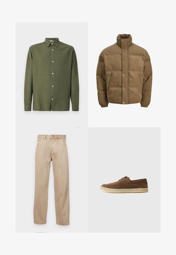 Rjav cordurojasti puhovnik z visokim ovratnikom, zaponkami na gumbe, elastičnimi manšetami in stranskimi žepi, prikazan na beli podlagi.; Olive zelena majica s long sleeves, izdelana iz strukturiranega blaga. Ima gumbasto zapiranje spredaj in klasičen ovratnik, s petimi gumbi po plakati.; Beige jeans iz džinsa s ravnim nogavicama, ki imajo sprednje žepe, kovinsko zapiranje in subtilno teksturo.; Rjave semiš čevlje z nizkim profilom, vezavnim dizajnom, gumijastim podplatom in kontrastnim šivanjem. Preprost in funkcionalen stil.