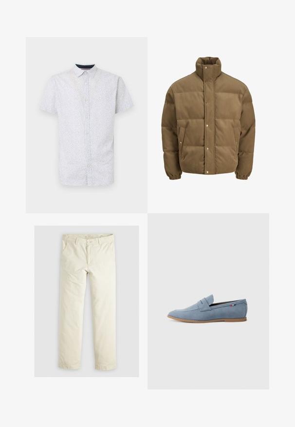 Hnedý kordurovkový bomber s vysokým golierom, sponami, elastickými manžetami a postrannými vreckami, vystavený na bielom pozadí.; Košela s krátkym rukávom v svetlo modrej farbe s malým čiernym bodkovaním, s špicatým golierom a rovnými lemami.; Svetlo béžové voľné nohavice s troma vreckami, pútky na opasok a rovnými nohavicami. Vyrobené z mäkkej bavlnenej zmesi.; Svetlomodré semišové mokasíny s hladkou textúrou, dekoračným prešívaním a hnedou gumovou podrážkou. Obsahujú dizajn s penny výrezom na hornej časti.