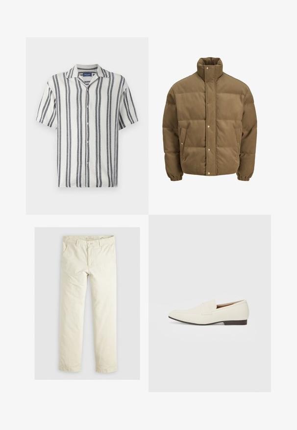 Bruine ribfluwelen pufferjack met hoge kraag, drukknoopsluiting, elastische manchetten en zijzakken, weergegeven op een witte achtergrond.; Korte mouw shirt van gestructureerde stof met witte en marineblauwe verticale strepen, voorzien van een gekartelde kraag en knoopsluiting.; Lichtbeige losse broek met drie zakken, riemlussen en een recht model. Gemaakt van een zachte katoenmix.; Lichtbeige loafers met een spitse neus, glad materiaal, een band over de wreef en een lage bruine zool. Eenvoudig ontwerp met minimale accenten.