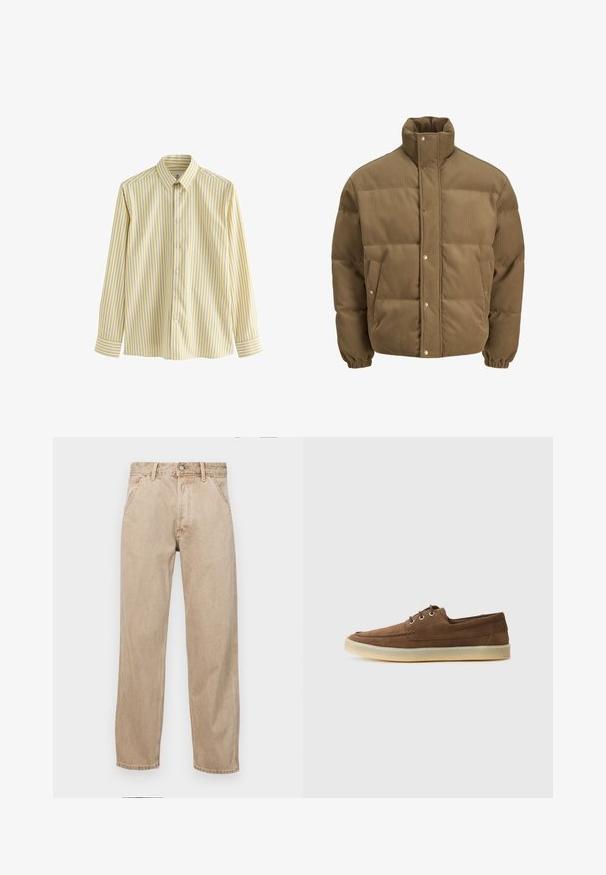 Rudos spalvos švarkas su raišteliu, turintis aukštą apykaklę, užsegamus mygtukais, elastines rankoves ir šonines kišenes, eksponuojamas ant balto fono.; Šviesiai geltonas marškinėlių tipo švarkas su vertikaliomis baltomis ir tamsiai geltonomis juostelėmis, ilgomis rankovėmis ir klasikinio stiliaus apykakle. Lygus audinio paviršius.; Smėlio spalvos džinsai su tiesia kojų siluetu, turintys priekinę kišenę, metalinį mygtuką ir subtilią tekstūrą.; Rudos zomšos batai su žemu profiliu, raišteliais, guminiais padu ir kontrastingomis siūlėmis. Paprastas ir funkcionalus stilius.