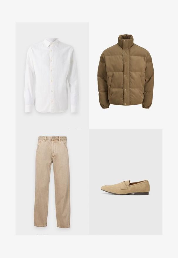 Brūns korduroja pufersjakas ar augstu apkakli, spiedpogu aizdari, elastīgām aprocēm un sānu kabatām, izstādīta uz baltā fona.; Baltas garais piedurkņu krekls, izgatavots no viegla auduma, ar klasisku apkakli, pogu aizdari un gludu, nedaudz teksturētu virsmu.; Beige džinsi ar taisnu kāju dizainu, ar priekšējiem kabatām, metāla pogu aizdari un smalku faktūru.; Zābaki no zamša gaiši brūnā krāsā ar nelielu mirdzumu, ar noapaļotu purngalu, bezsaišu dizainu un zemu brūnu papēdi. Smalks šuvju detalizējums.