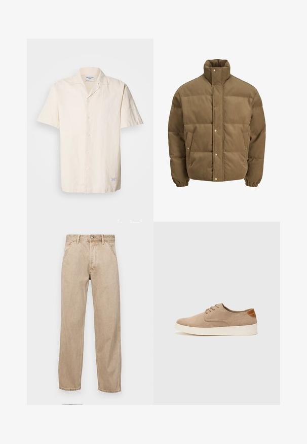 Pruunist kootud puffer-jope kõrge kraega, nööbid, elastsed mansetid ja küljetaskud, esitatud valgel taustal.; Lühikeste varrukatega, kergebeez triiksärk, mis on valmistatud tekstureeritud kangast, terava krae ja nööpidega eest, väikese etiketi poolt äärde.; Bežidemini teksased sirgjoonise kujundusega, front pocket'itega, metallist nööbi kinnitusega ja peene tekstuuriga.; Beežid nahast tossud ümarate varvastega, paeltega esiosa ja tekstuuriga tagakontuuriga. Valge kummist tallapakkumine loob kontrasti. Lihtne ja kaasaegne disain.