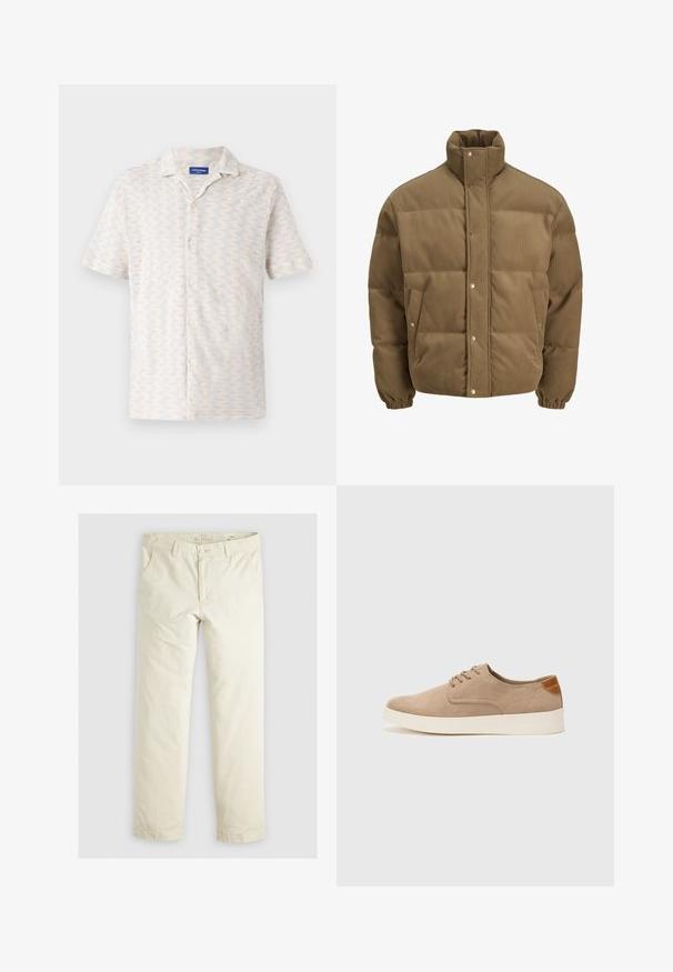 Barna kordbársony pufikabát magas gallérral, patentgombokkal, rugalmas mandzsettákkal és oldalsó zsebekkel, fehér háttéren bemutatva.; Rövid ujjú, gombos ing világos színekben, cikk-cakk mintával, gallérral és öt elülső gombbal. Lélegző anyagból készült.; Világos bézs, laza szabású nadrág három zsebbel, övpántokkal és egyenes szárú kialakítással. Puha pamut keverék anyagból készült.; Beige velúr sportcipő, kerek orral, fűzős elülső résszel és textúrált hátsó részlettel. Fehér gumitalp kontrasztot ad. Egyszerű és modern design.
