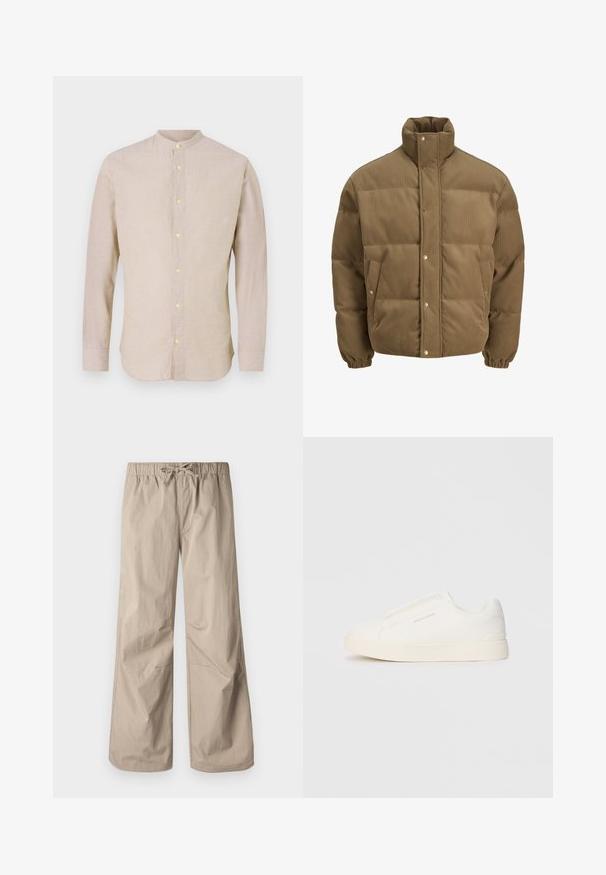 Καφέ σακακι με καπιτονέ ύφασμα, ψηλό γιακά, κουμπιά με πίεση, ελαστικούς καρπούς και πλαϊνές τσέπες, παρουσιασμένο σε λευκό φόντο.; Μακριμάνικο πουκάμισο με κουμπιά σε ανοιχτό μπεζ ύφασμα με γιακά μανταρίνι και κίτρινα κουμπιά. Λείο υφή και ραφή προσαρμοσμένη.; Μπεζ παντελόνια φαρδιάς γραμμής με ελαστική μέση και κορδόνι. Λείος υφασμάτινος σχεδιασμός, δύο πλαϊνές τσέπες και ελάχιστες ραφές για άνετη εφαρμογή.; Λευκά slip-on παπούτσια με υφή, παχύ πάτο και μινιμαλιστικό σχέδιο. Φέρει το λογότυπο της μάρκας στο πλάι.