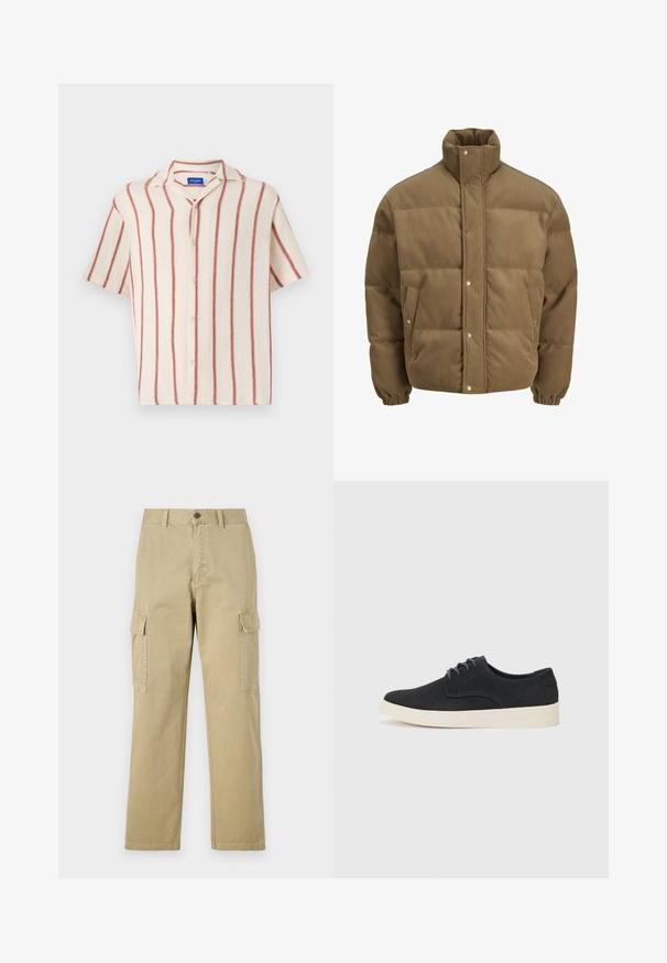 Brun kordfløyels pufferjakke med høy krage, trykknapper, elastiske mansjetter og sidelommer, vist på en hvit bakgrunn.; Kortermet skjorte i kremfarget materiale med røde vertikale striper, med klippedekolleté og frontlukking med knapper.; Beige cargo bukser laget av bomull, med to sidelommer, knappelukking, og rette ben med et lett strukturert stoff.; Sorte svinedersko med snøring og rund tå, lett kremfarget såle og subtile blå broderi detaljer på overdelen.