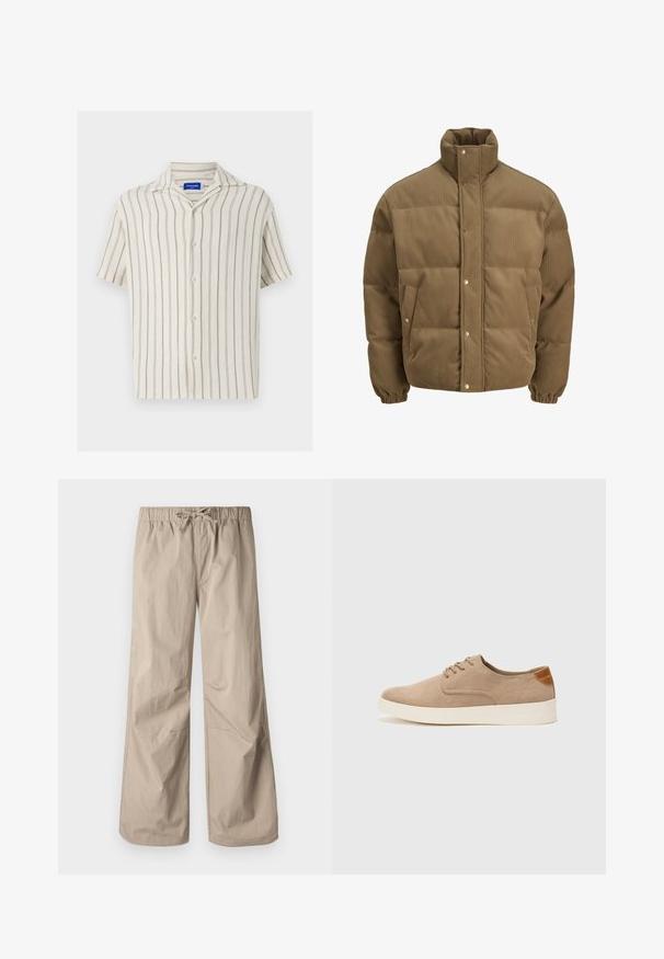 Brun kordfløyels pufferjakke med høy krage, trykknapper, elastiske mansjetter og sidelommer, vist på en hvit bakgrunn.; Korte ermes skjorte i kremfarge med fine vertikale striper. Har en knapp-fremme og en klassisk krage, laget av teksturert stoff.; Beige vide bukser med elastisk talje og snøre. Glat tekstur, to sidelommer og minimale syninger for en afslappet pasform.; Beige semskinnsko med rund tå, snøring foran og en teksturert bakre aksent. Hvit gummisåle gir kontrast. Enkelt og moderne design.