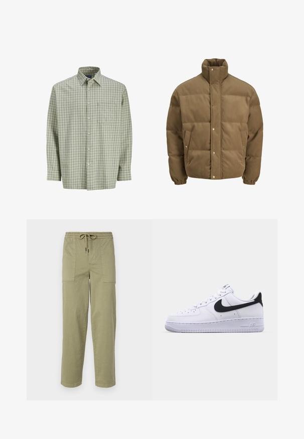 Veste matelassée en corduroy marron avec col haut, boutons pression, poignets élastiques et poches latérales, présentée sur un fond blanc.; Chemise à carreaux verts et blancs avec des manches longues, poche avant et texture de tissu douce. Col classique et fermeture à boutons.; Pantalons vert olive clair en tissu mélangé coton, dotés d'une taille élastique avec cordon de serrage et de deux grandes poches latérales.; Sneaker en cuir blanc avec un Swoosh noir texturé, des lacets plats et une semelle en caoutchouc avec un motif strié. "AIR" est embossé sur le talon.