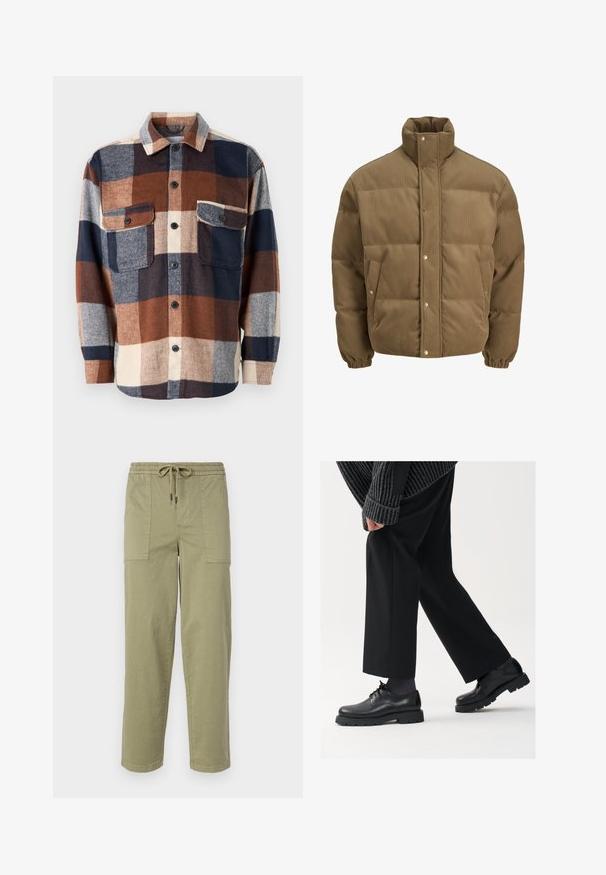 Brown corduroy puffer jacket with high collar, snap buttons, elastic cuffs, and side pockets, displayed on a white background.; Checkered flannel shirt in brown, navy, and cream. Features a button-up front, two chest pockets, and a spread collar. Soft texture.; Light olive green pants made of cotton blend fabric, featuring an elastic waistband with drawstring, and two large side pockets.; Black leather shoes with a rounded toe, lace-up design, and thick, textured sole. Worn with tailored black trousers and a ribbed sweater.