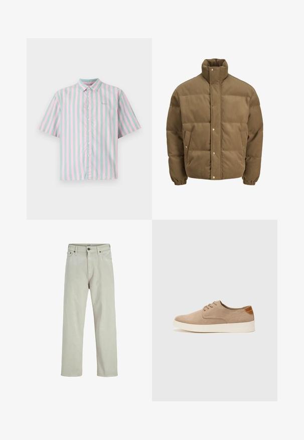 Hnědá kordurová péřová bunda s vysokým límcem, patkovými knoflíky, elastickými manžetami a bočními kapsami, vystavená na bílém pozadí.; Košile s krátkým rukávem a knoflíky, která má střídavé svislé pruhy v světle růžové a mátově zelené barvě, měkkou bavlněnou texturu a malé logo.; Světle béžové džíny z denimu se siluetou rovného střihu, pěti kapsami a knoflíkovým zapínáním v pase, s minimálními detaily šití.; Béžové semišové tenisky s kulatou špičkou, šněrováním vpředu a texturovaným zadním akcentem. Bílá gumová podrážka poskytuje kontrast. Jednoduchý a moderní design.
