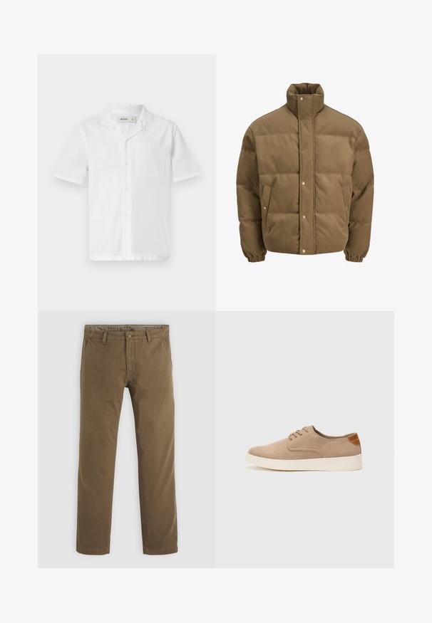 Rudos spalvos švarkas su raišteliu, turintis aukštą apykaklę, užsegamus mygtukais, elastines rankoves ir šonines kišenes, eksponuojamas ant balto fono.; Balta trumpa rankovėliams marškiniai su kišene, pasižymintys tekstūruotu audiniu ir laisva apykaklės konstrukcija.; Chaki spalvos medvilninės kelnės su tiesiu sijonu, turinčios knopkę, dvi priekines kišenes ir lygią tekstūrą.; Bežiniai zomšiniai sportbačiai su apvaliomis pirštų dalimis, raišteliais priekyje ir tekstūruotu užkulniu. Balta guma suteikia kontrastą. Paprastas ir modernus dizainas.