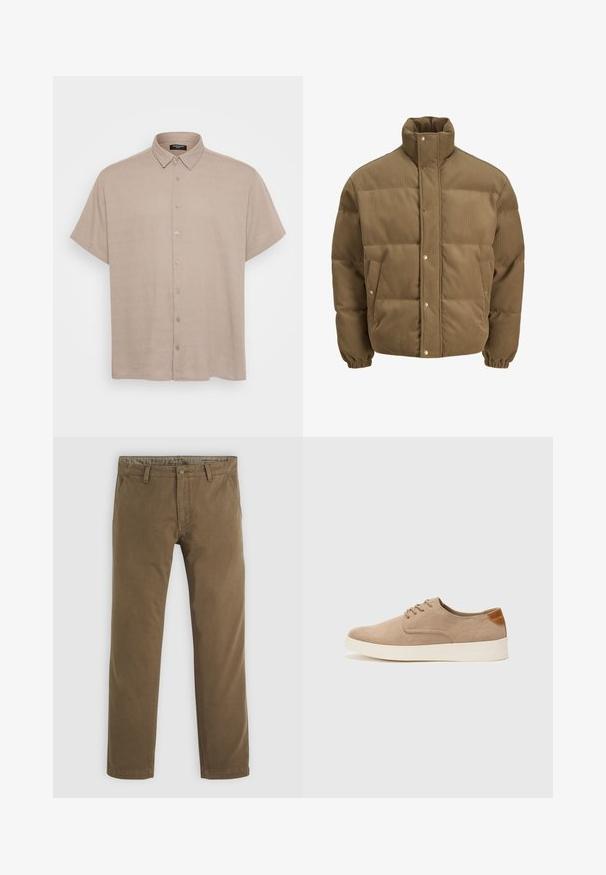 Bruine ribfluwelen pufferjack met hoge kraag, drukknoopsluiting, elastische manchetten en zijzakken, weergegeven op een witte achtergrond.; Korte mouwen overhemd met knopen van lichtbeige stof, met een kraag en knopen aan de voorkant. De textuur lijkt glad en lichtjes gestructureerd.; Khaki katoenen broek met een rechte pasvorm, voorzien van een knoopsluiting, twee voorzakken en een gladde textuur.; Beige suède sneakers met een ronde neus, vetersluiting aan de voorkant en een getextureerde achteraccent. De witte rubberen zool zorgt voor contrast. Eenvoudig en modern ontwerp.