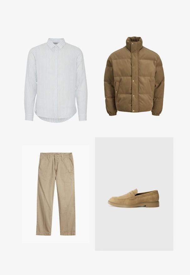 Brun corduroy pufferjakke med høj krave, trykknapper, elastiske manchetter og sidelommer, vist på en hvid baggrund.; Lys blå og hvid stribet langærmet skjorte med knapkrave og rundet kant. Lavet af et letvægtsmateriale.; Beige lige ben chinos med bæltestropper, frontknap og lynlås lukning samt skrå frontlommer.; Tan ruskindsloafers med rund tå, lav blokhæl og syet detaljering på overdelen. Glat overflade og minimalistisk design.