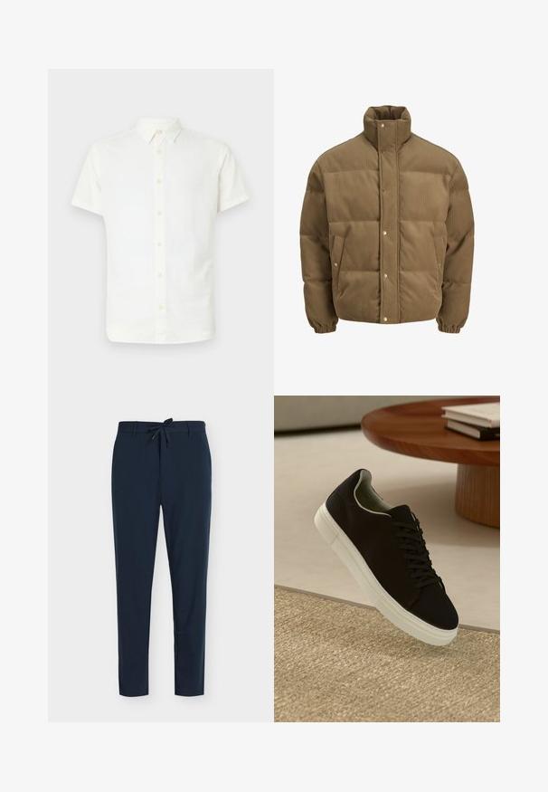 Brun kordfløyels pufferjakke med høy krage, trykknapper, elastiske mansjetter og sidelommer, vist på en hvit bakgrunn.; Kortermet hvit skjorte med knapper laget av lett stoff, med klassisk krage og myk, glatt tekstur med lysebrune knapper.; Marineblå bukser laget av glatt stoff med snor i livet, med vertikalt stripemønster og innsnevret bendesign.; Svart sneakers med hvit såle som svever over en beige teksturert teppe nær et rundt trebord med stablede bøker.