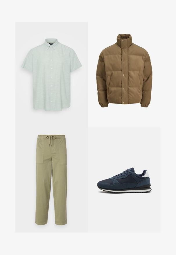 Hnedý kordurovkový bomber s vysokým golierom, sponami, elastickými manžetami a postrannými vreckami, vystavený na bielom pozadí.; Svetlozelená košeľa s krátkym rukávom vyrobená z textúrovanej látky. Obsahuje golier s gombíkmi, predné zapínanie na gombíky a malú emblému na hrudi.; Svetlo olivové nohavice vyrobené z zmesi bavlny, s elastickým pásom na šnúrku a dvoma veľkými bočnými vreckami.; Námornícke modré tenisky s kombináciou semišového a sieťovinového materiálu, vybavené plochými šnúrkami, bielym akcentom na päte a textúrovanou čiernou gumovou podrážkou.