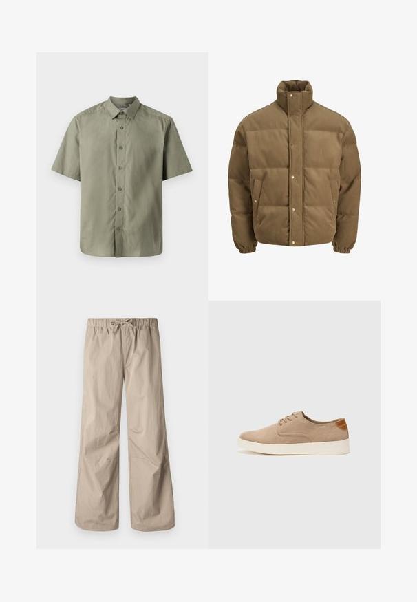 Chaqueta de plumón de pana marrón con cuello alto, botones a presión, puños elásticos y bolsillos laterales, exhibida sobre un fondo blanco.; Camisa de manga corta abotonada en suave tela verde oliva, con un collar clásico, seis botones en el frontal y un dobladillo recto.; Pantalones beige de pierna ancha con cintura elástica y cordón. Textura suave, dos bolsillos laterales y costuras mínimas para un ajuste relajado.; Zapatillas de ante beige con puntera redondeada, cordones en la parte delantera y un acento texturizado en la parte trasera. La suela de goma blanca proporciona contraste. Diseño sencillo y moderno.