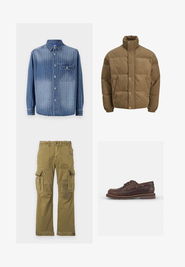 Giacca puffer in corduroy marrone con colletto alto, bottoni a pressione, polsini elasticizzati e tasche laterali, esposta su uno sfondo bianco.; Camicia in denim con strisce verticali azzurro chiaro, colletto classico, chiusura con bottoni, taschino sul petto a sinistra e maniche lunghe con polsini abbottonati.; Felpa verde a maniche lunghe realizzata in morbido cotone. Presenta un piccolo motivo ricamato di un pesce nella zona sinistra del petto. Collo a girocollo classico.; Pantaloni cargo verde oliva con numerosi taschini, dotati di una toppa decorata sulla gamba destra e cuciture rinforzate. Vestibilità casual e texture del tessuto.; Scarpa da barca in pelle marrone con punta arrotondata, sei fori per i lacci, cuciture a contrasto e suola in gomma testurizzata.