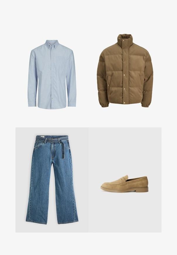 Brun corduroy pufferjakke med høj krave, trykknapper, elastiske manchetter og sidelommer, vist på en hvid baggrund.; Stribet langærmet skjorte i lys blå og hvid, med krave med knapper, brystlomme og lige skæring. Stoffet er en bomuldsblanding.; Blå denim brede bukser med fastgjort bælte, frontlommer og synlig syning på en lys ensfarvet baggrund.; Tan ruskindsloafers med rund tå, lav blokhæl og syet detaljering på overdelen. Glat overflade og minimalistisk design.