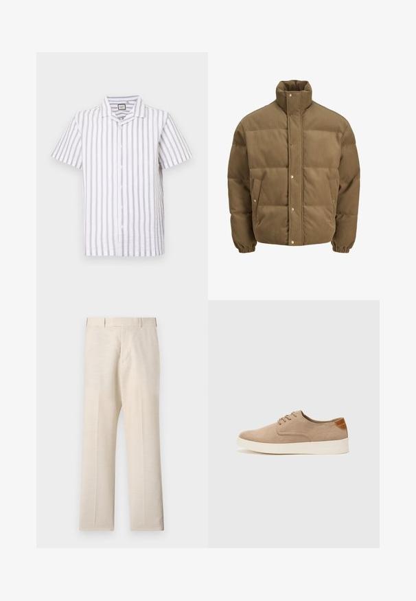 Rudos spalvos švarkas su raišteliu, turintis aukštą apykaklę, užsegamus mygtukais, elastines rankoves ir šonines kišenes, eksponuojamas ant balto fono.; Trumpas rankovės marškiniai balti, su plonomis pilkomis vertikaliomis juostelėmis, su stovyklos apykakle ir tekstūruotu audiniu. Penki mygtukai priekyje.; Smėliniai kelnių pagaminti iš nėrinių audinio, su lygiu paviršiumi, turintys plokščią priekinę dalį, šonines kišenes ir tiesių kojų fasoną.; Bežiniai zomšiniai sportbačiai su apvaliomis pirštų dalimis, raišteliais priekyje ir tekstūruotu užkulniu. Balta guma suteikia kontrastą. Paprastas ir modernus dizainas.