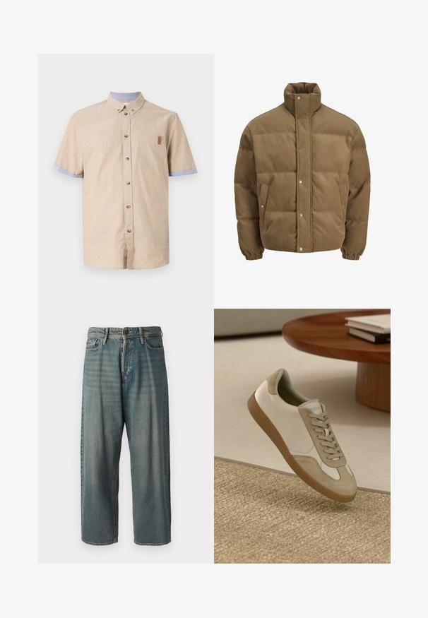 Smeđi puffer jakna od kordura s visokim ovratnikom, dugmadi na preklop, elastičnim manžetama i bočnim džepovima, prikazana na bijeloj pozadini.; Košulja s kratkim rukavima od bež lana s plavim naglasima na rukavima. Ima džep na prsima i smeđe dugmadi. Glatka tekstura.; Svijetloplave traperice s širokim krojem, srednjim pojasom i ravnim nogavicama. Ima pet džepova, petlje za remen i kopčanje na gumb.; Lagani sportski model s gornjim dijelom od bijele kože s bež suedinim detaljima, okruglim vrhom i teksturiranim smeškim gumiranim potplatom.