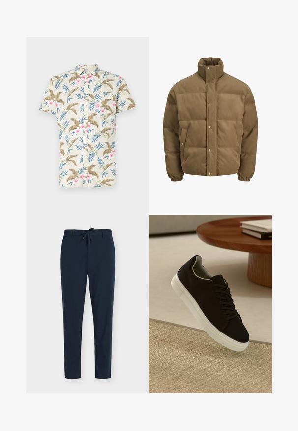 Braune Cord-Puffjacke mit hohem Kragen, Druckknöpfen, elastischen Bündchen und Seitentaschen, auf einem weißen Hintergrund präsentiert.; Kurzarmhemd aus leichtem beigen Baumwollstoff mit einem tropischen Blumenmuster in Pink- und Blautönen sowie einer Knopfleiste.; Navyblaue Hose aus glattem Stoff mit Kordelzugbund, ausgestattet mit vertikalem Nadelstreifenmuster und schmal zulaufendem Bein.; Schwarze Sneakers mit weißer Sohle, die über einem beige strukturierten Teppich schweben, in der Nähe eines runden Holztisches mit gestapelten Büchern.